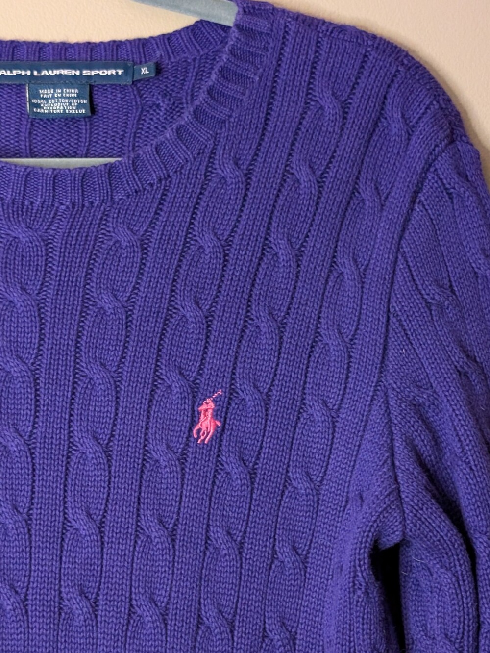 Vintage Ralph Lauren Sport Purple Cable Knit Cotton Sweater Pink Pony jumper XL - Picture 6 of 7